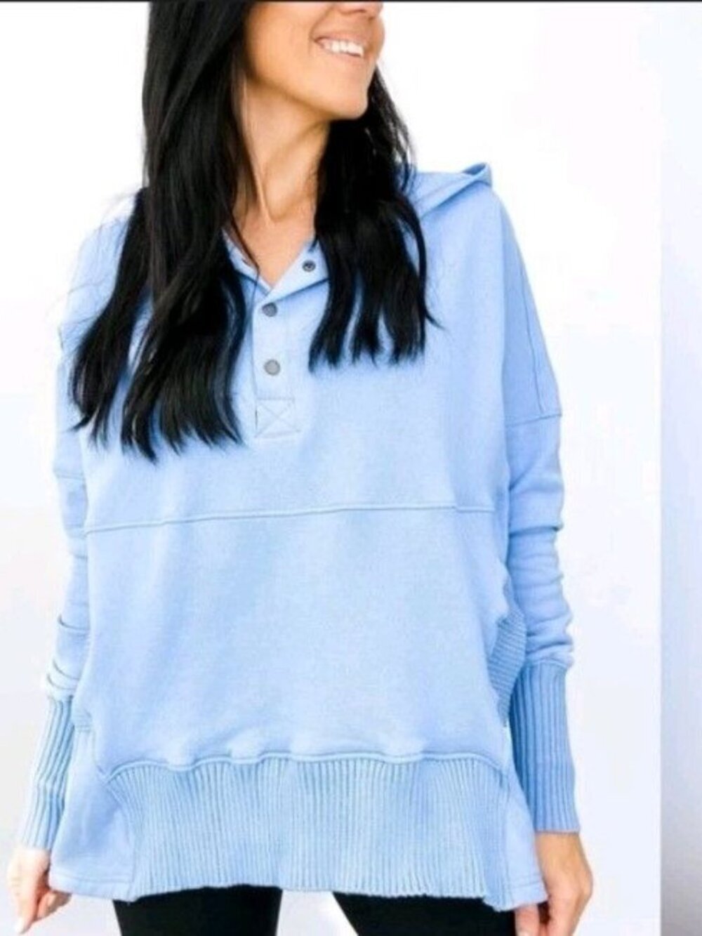 bucket listblue French Terry Oversized Hoodie Henley Collar Raw Edge Large